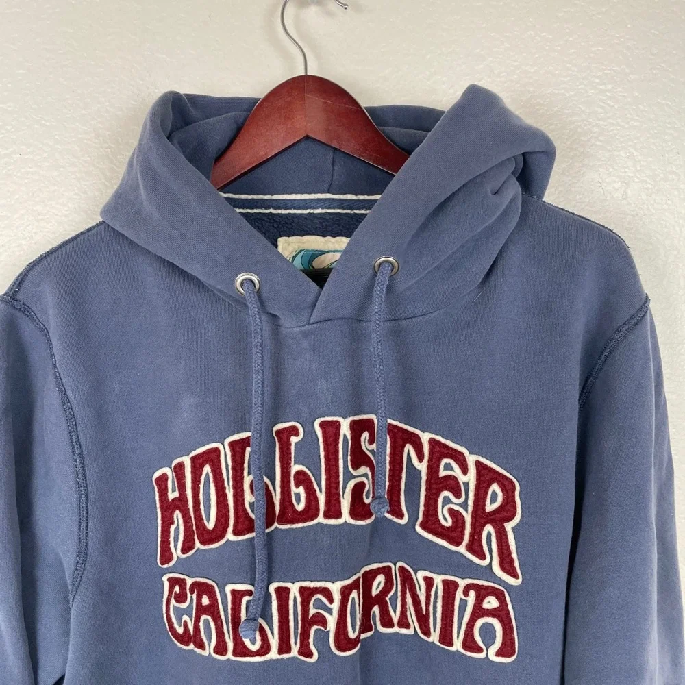 Y2K 90s Hollister Mens Hoodie Sz L Hooded Sweatshirt Logo Navy Blue Pullover